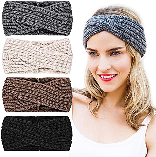 DRESHOW 4 Stück Damen Gestrickt Stirnband Winter Kopfband Haarband Stirnband Häkelarbeit Ohr Wärmer für Mädchen von DRESHOW