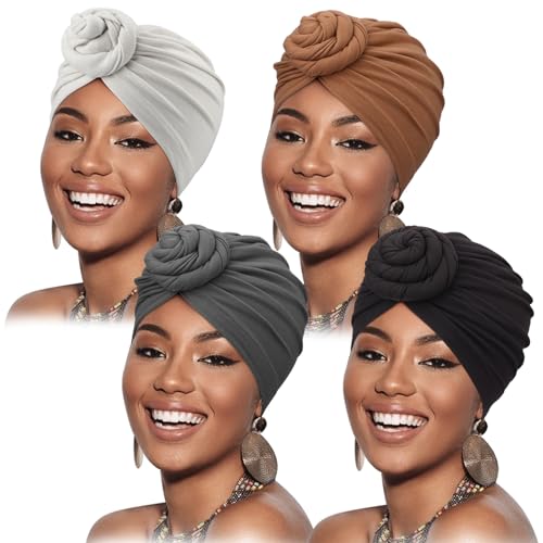 DRESHOW 4 Stücke Afrikanischen Turban für Damen Soft Vorgebunden Knot Mode Plissee Turban Hut Mütze Kopfwickel Schlafmütze von DRESHOW