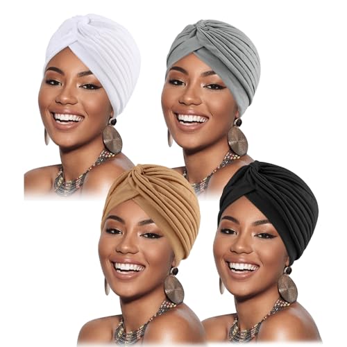 DRESHOW 4 Stücke Afrikanischen Turban für Damen Soft Vorgebunden Knot Mode Plissee Turban Hut Mütze Kopfwickel Schlafmütze von DRESHOW