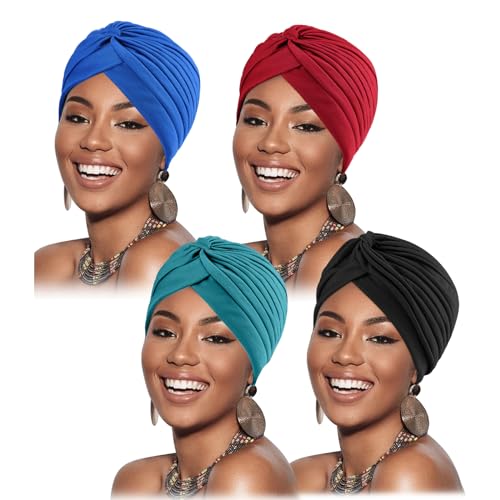 DRESHOW 4 Stücke Afrikanischen Turban für Damen Soft Vorgebunden Knot Mode Plissee Turban Hut Mütze Kopfwickel Schlafmütze von DRESHOW