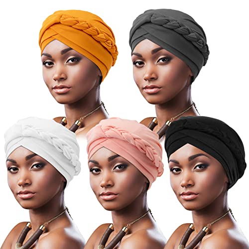 DRESHOW 5 Stück Afrikanischer Damen Turban Geflecht Kopfbedeckung Kopftücher Chemo Kappe Vorgebunden Beanie Mütze Kopfwickel Schlafmütze von DRESHOW