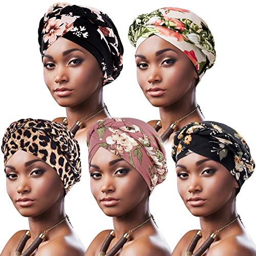 DRESHOW 5 Stück Afrikanischer Damen Turban Geflecht Kopfbedeckung Kopftücher Chemo Kappe Vorgebunden Beanie Mütze Kopfwickel Schlafmütze von DRESHOW