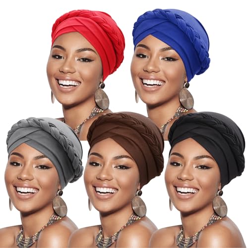 DRESHOW 5 Stück Afrikanischer Damen Turban Geflecht Kopfbedeckung Kopftücher Chemo Kappe Vorgebunden Beanie Mütze Kopfwickel Schlafmütze von DRESHOW