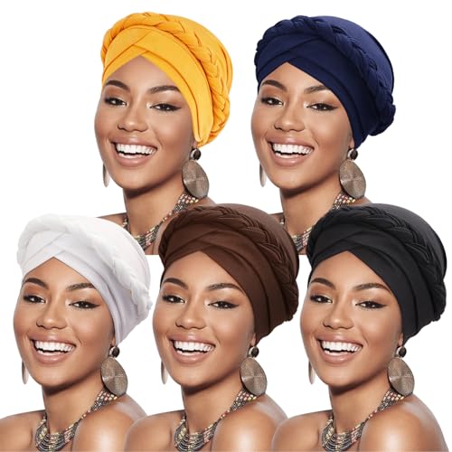 DRESHOW 5 Stück Afrikanischer Damen Turban Geflecht Kopfbedeckung Kopftücher Chemo Kappe Vorgebunden Beanie Mütze Kopfwickel Schlafmütze von DRESHOW
