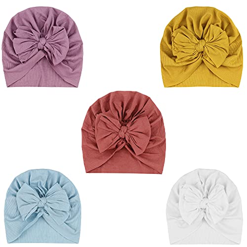DRESHOW Babymütze Baby Turban Mütze Brötchen Knoten Kleinkinder Infant Beanie Mütze Baby Mädchen Jungen Weiche Kleinkind Mütze 5 Stück von DRESHOW