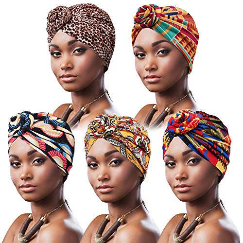 DRESHOW 5 Stücke Afrikanischen Turban für Damen Soft Vorgebunden Knot Mode Plissee Turban Hut Mütze Kopfwickel Schlafmütze von DRESHOW