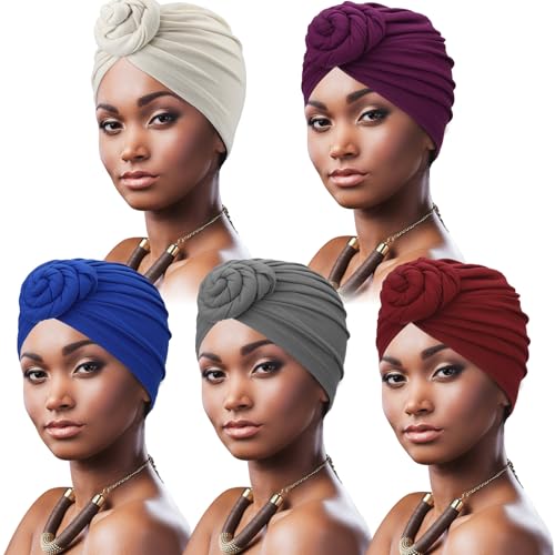 DRESHOW 5 Stücke Afrikanischen Turban für Damen Soft Vorgebunden Knot Mode Plissee Turban Hut Mütze Kopfwickel Schlafmütze von DRESHOW