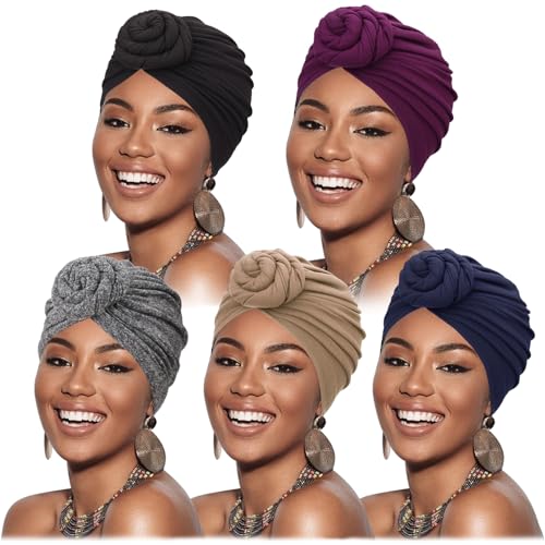 DRESHOW 5 Stücke Afrikanischen Turban für Damen Soft Vorgebunden Knot Mode Plissee Turban Hut Mütze Kopfwickel Schlafmütze von DRESHOW