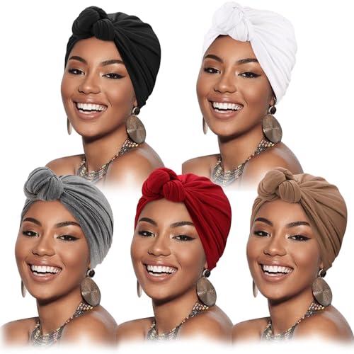 DRESHOW 5 Stücke Afrikanischen Turban für Damen Soft Vorgebunden Knot Mode Plissee Turban Hut Mütze Kopfwickel Schlafmütze von DRESHOW