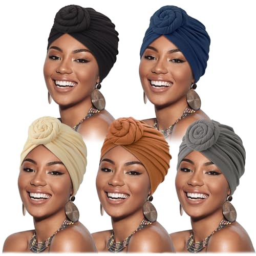 DRESHOW 5 Stücke Afrikanischen Turban für Damen Soft Vorgebunden Knot Mode Plissee Turban Hut Mütze Kopfwickel Schlafmütze von DRESHOW