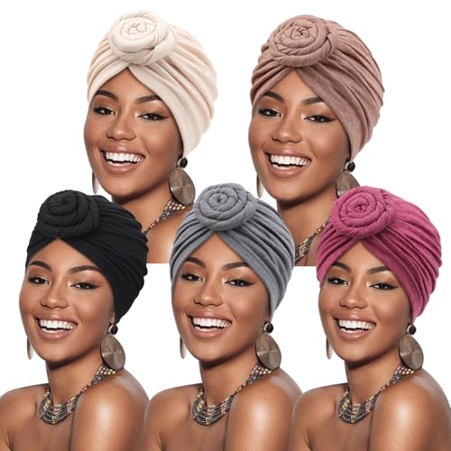 DRESHOW 5 Stücke Afrikanischen Turban für Damen Soft Vorgebunden Knot Mode Plissee Turban Hut Mütze Kopfwickel Schlafmütze von DRESHOW