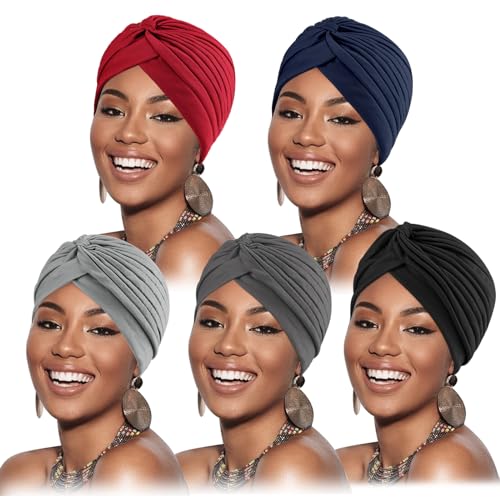 DRESHOW 5 Stücke Afrikanischen Turban für Damen Soft Vorgebunden Knot Mode Plissee Turban Hut Mütze Kopfwickel Schlafmütze von DRESHOW