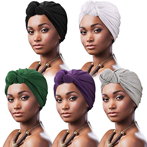DRESHOW 5 Stücke Afrikanischen Turban für Damen Soft Vorgebunden Knot Mode Plissee Turban Hut Mütze Kopfwickel Schlafmütze von DRESHOW