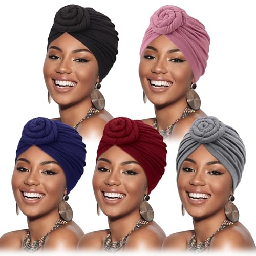 DRESHOW 5 Stücke Afrikanischen Turban für Damen Soft Vorgebunden Knot Mode Plissee Turban Hut Mütze Kopfwickel Schlafmütze von DRESHOW