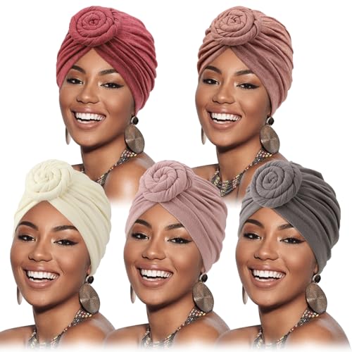 DRESHOW 5 Stücke Afrikanischen Turban für Damen Soft Vorgebunden Knot Mode Plissee Turban Hut Mütze Kopfwickel Schlafmütze von DRESHOW