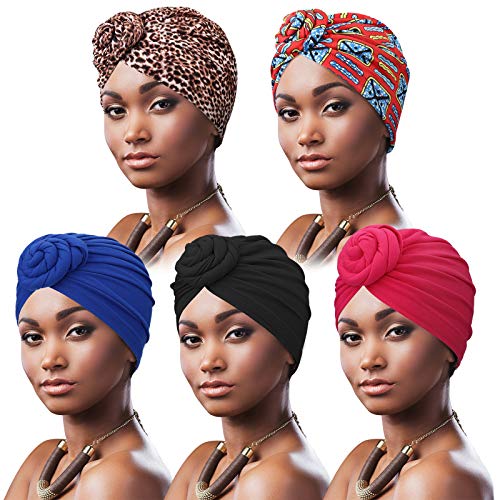 DRESHOW 5 Stücke Afrikanischen Turban für Damen Soft Vorgebunden Knot Mode Plissee Turban Hut Mütze Kopfwickel Schlafmütze von DRESHOW