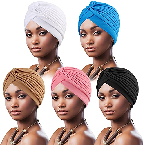 DRESHOW 5 Stücke Afrikanischen Turban für Damen Soft Vorgebunden Knot Mode Plissee Turban Hut Mütze Kopfwickel Schlafmütze von DRESHOW