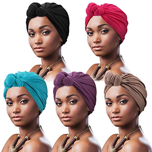 DRESHOW 5 Stücke Afrikanischen Turban für Damen Soft Vorgebunden Knot Mode Plissee Turban Hut Mütze Kopfwickel Schlafmütze von DRESHOW