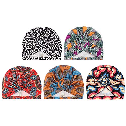 DRESHOW 5 Stücke Afrikanischen Turban für Damen Soft Vorgebunden Knot Mode Plissee Turban Hut Mütze Kopfwickel Schlafmütze von DRESHOW