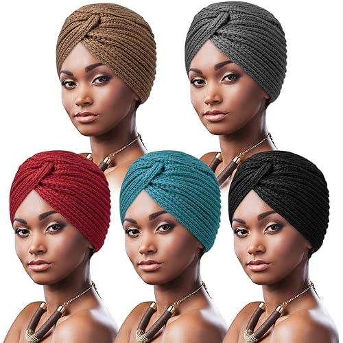 DRESHOW 5 Stücke Afrikanischen Turban für Damen Soft Vorgebunden Knot Mode Plissee Turban Hut Mütze Kopfwickel Schlafmütze von DRESHOW