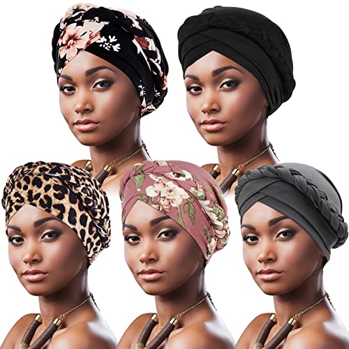 DRESHOW 5 Stücke Afrikanischer Damen Turban Geflecht Kopfbedeckung Kopftücher Chemo Kappe Vorgebunden Beanie Mütze Kopfwickel Schlafmütze von DRESHOW