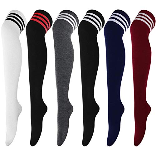 DRESHOW 6 Paar Damen und Mädchen Kniestrümpfe Overknee Lange Strümpfe Streifen Oberschenkel Hohe Socken Sport Socken Leggings Strümpfe von DRESHOW