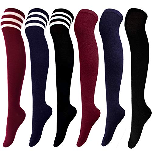 DRESHOW 6 Paar Damen und Mädchen Kniestrümpfe Overknee Lange Strümpfe Streifen Oberschenkel Hohe Socken Sport Socken Leggings Strümpfe von DRESHOW