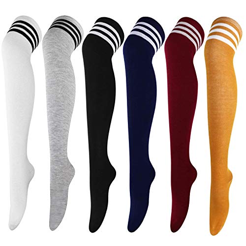 DRESHOW 6 Paar Damen und Mädchen Kniestrümpfe Overknee Lange Strümpfe Streifen Oberschenkel Hohe Socken Sport Socken Leggings Strümpfe von DRESHOW