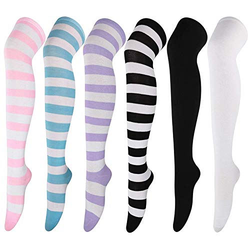 DRESHOW 6 Paar Damen und Mädchen Kniestrümpfe Overknee Lange Strümpfe Streifen Oberschenkel Hohe Socken Sport Socken Leggings Strümpfe von DRESHOW