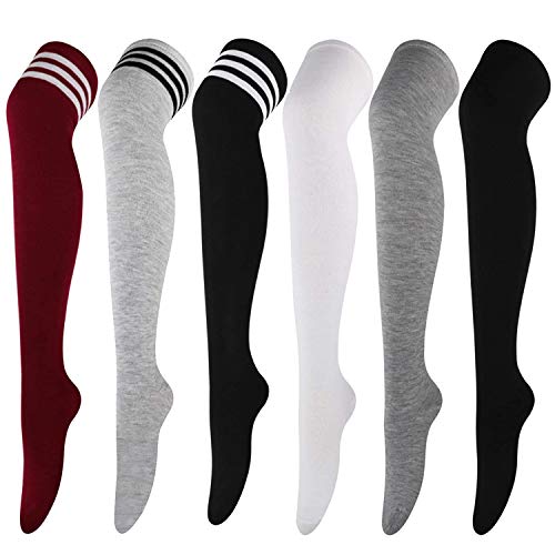 DRESHOW 6 Paar Damen und Mädchen Kniestrümpfe Overknee Lange Strümpfe Streifen Oberschenkel Hohe Socken Sport Socken Leggings Strümpfe von DRESHOW