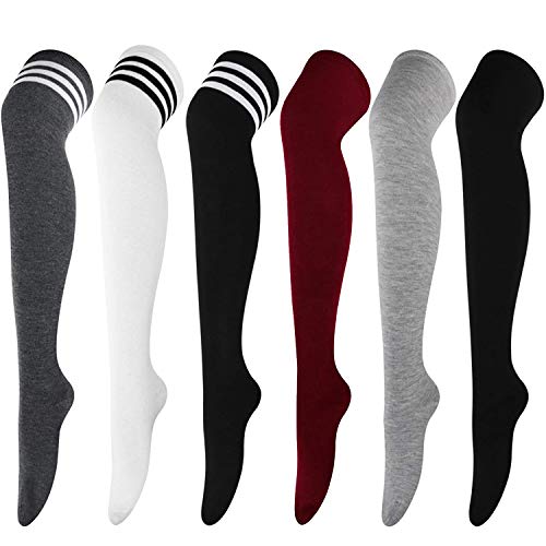 DRESHOW 6 Paar Damen und Mädchen Kniestrümpfe Overknee Lange Strümpfe Streifen Oberschenkel Hohe Socken Sport Socken Leggings Strümpfe von DRESHOW