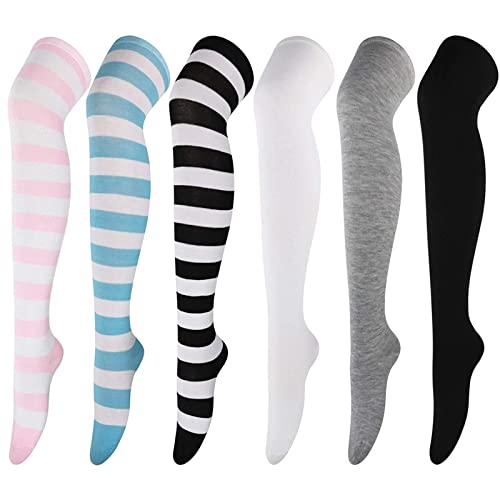 DRESHOW 6 Paar Damen und Mädchen Kniestrümpfe Overknee Lange Strümpfe Streifen Oberschenkel Hohe Socken Sport Socken Leggings Strümpfe von DRESHOW