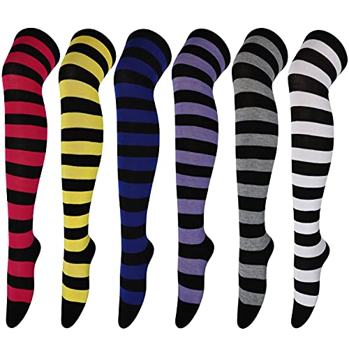 DRESHOW 6 Paar Damen und Mädchen Kniestrümpfe Overknee Lange Strümpfe Streifen Oberschenkel Hohe Socken Sport Socken Leggings Strümpfe von DRESHOW