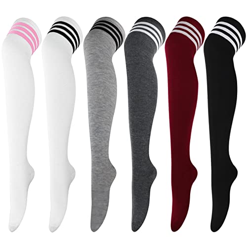 DRESHOW 6 Paar Damen und Mädchen Kniestrümpfe Overknee Lange Strümpfe Streifen Oberschenkel Hohe Socken Sport Socken Leggings Strümpfe von DRESHOW