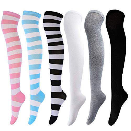 DRESHOW 6 Paar Kniestrümpfe Overknee Strümpfe Lange Gestreifte Socken Beinwärmer Schenkel Socken für Damen und Mädchen von DRESHOW