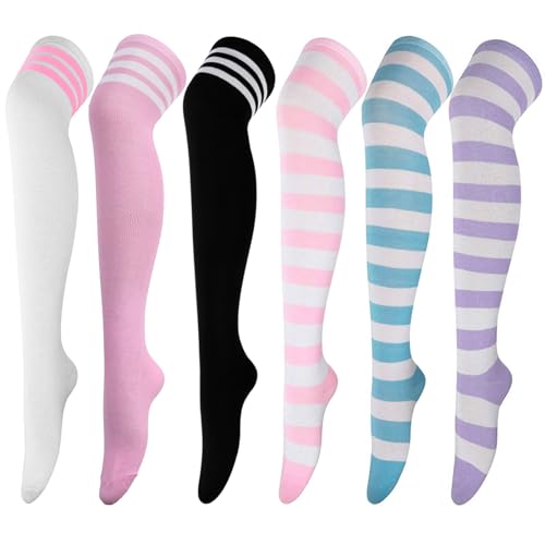 DRESHOW 6 Paar Kniestrümpfe Overknee Strümpfe Lange Gestreifte Socken Beinwärmer Schenkel Socken für Damen und Mädchen von DRESHOW