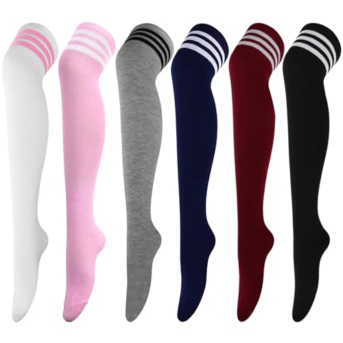 DRESHOW 6 Paar Kniestrümpfe Overknee Strümpfe Lange Gestreifte Socken Beinwärmer Schenkel Socken für Damen und Mädchen von DRESHOW