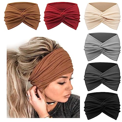 DRESHOW 6 Stück Breite Stirnbänder für Damen Extra Große Turban Stirnband Boho Head Wrap Elastische Haarbänder Haar Twisted Knot Haarschmuck von DRESHOW
