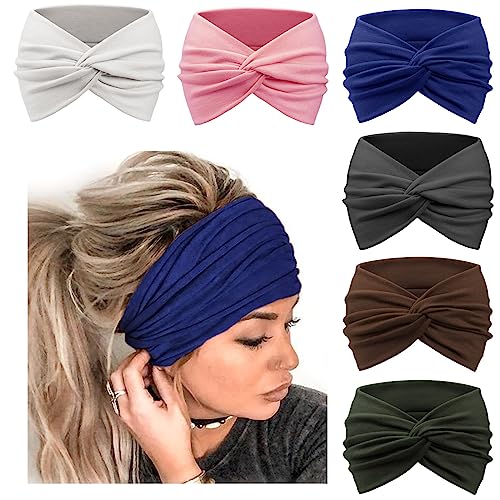 DRESHOW 6 Stück Breite Stirnbänder für Damen Extra Große Turban Stirnband Boho Head Wrap Elastische Haarbänder Haar Twisted Knot Haarschmuck von DRESHOW