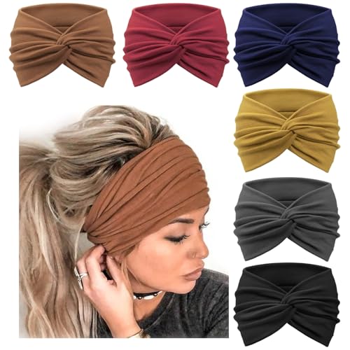 DRESHOW 6 Stück Breite Stirnbänder für Damen Extra Große Turban Stirnband Boho Head Wrap Elastische Haarbänder Haar Twisted Knot Haarschmuck von DRESHOW