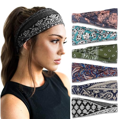 DRESHOW 6 Stück Damen Boho Stirnband Kopfband Haarband Gedruckt Stirnbänder Knoten Verdrehtes Elastische Kopf Wickeln Niedlich Haarschmuck für Mädchen von DRESHOW