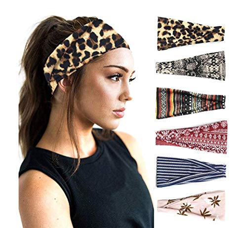 DRESHOW 6 Stück Damen Boho Stirnband Kopfband Haarband Gedruckt Stirnbänder Knoten Verdrehtes Elastische Kopf Wickeln Niedlich Haarschmuck für Mädchen von DRESHOW