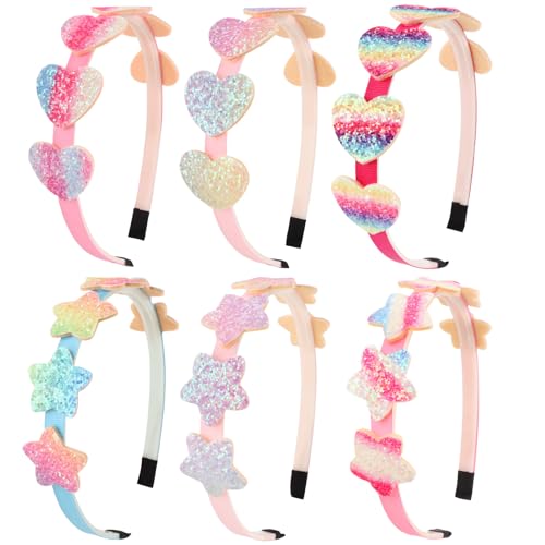 DRESHOW 6 Stück Mädchen Schleife Haarbänder Glitter Kinder Stirnband Herz Stern Haarband für Kleinkinder Teens von DRESHOW