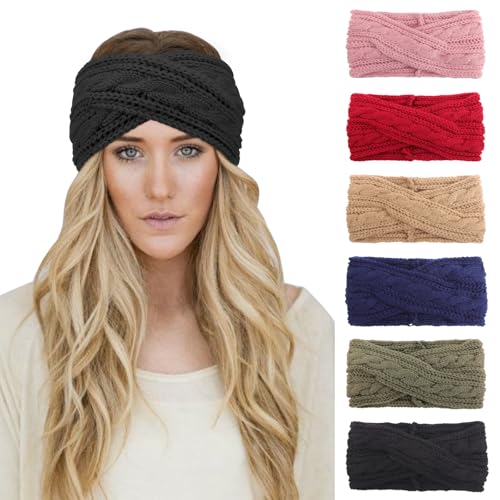 DRESHOW 6 Stück Winter Stirnband Damen Strick Ohrenwärmer Stirnbänder Mädchen Gestrickt Stirnband Kopfband Haarband Headwrap Frauen Haarbänder von DRESHOW
