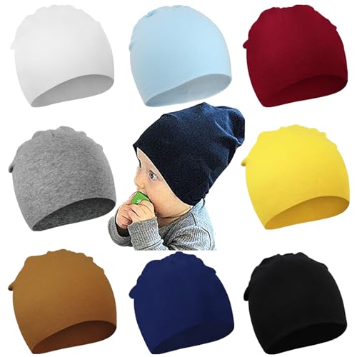 DRESHOW 8 Stücke Unisex Mütze Hut Junge Mütze Frühling Mützchen Kleinkind Wendemütze Jersey Slouch Beanie Bekleidung Unisex Infant Hut Kindergarten Mütze von DRESHOW