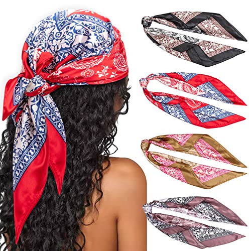 DRESHOW 90x90cm Große Quadratische Schals für Damen 4 Stück Seide Kopftuch Bandanas Haartuch Halstuch Haarschmuck von DRESHOW