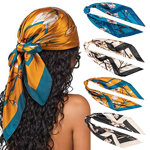 DRESHOW 90x90cm Große Quadratische Schals für Damen 4 Stück Seide Kopftuch Bandanas Haartuch Halstuch Haarschmuck von DRESHOW