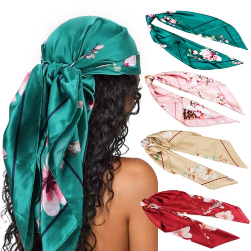 DRESHOW 90x90cm Große Quadratische Schals für Damen 4 Stück Seide Kopftuch Bandanas Haartuch Halstuch Haarschmuck von DRESHOW