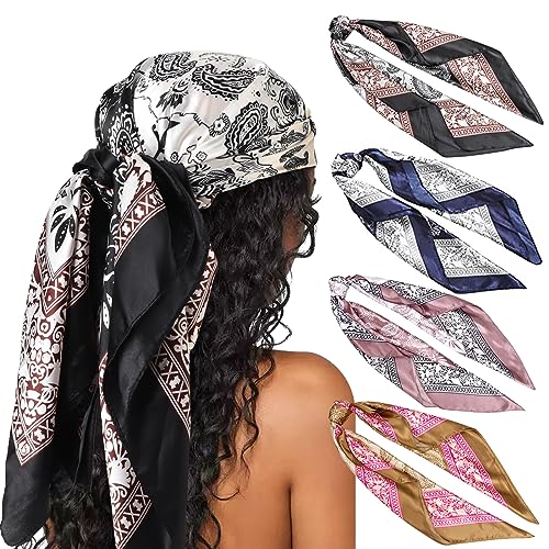 DRESHOW 90x90cm Große Quadratische Schals für Damen 4 Stück Seide Kopftuch Bandanas Haartuch Halstuch Haarschmuck von DRESHOW