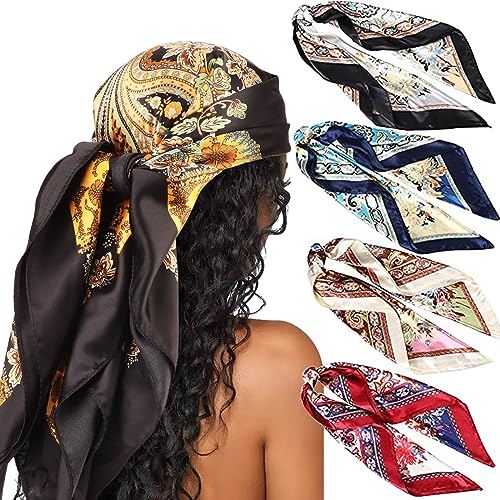 DRESHOW 90x90cm Große Quadratische Schals für Damen 4 Stück Seide Kopftuch Bandanas Haartuch Halstuch Haarschmuck von DRESHOW